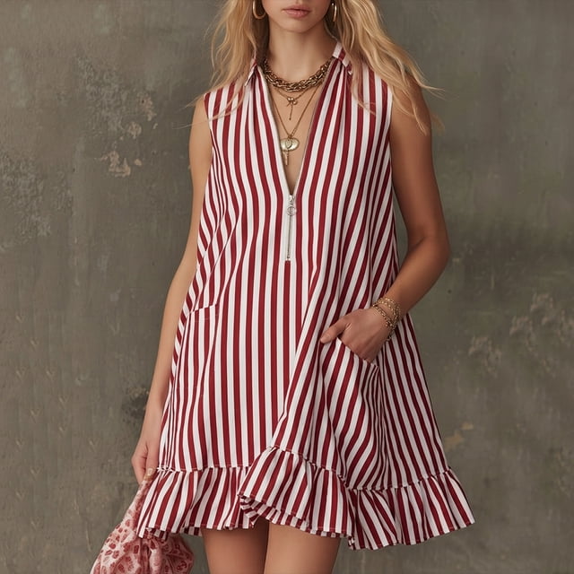 Sentmoon Robes d'Été pour Femmes 2026 à Rayures Imprimées Sans Manches à Col à Revers Coupe Régulière Robe de Cocktail pour Femmes pour les Vacances et les Réunions de Famille S-TTG