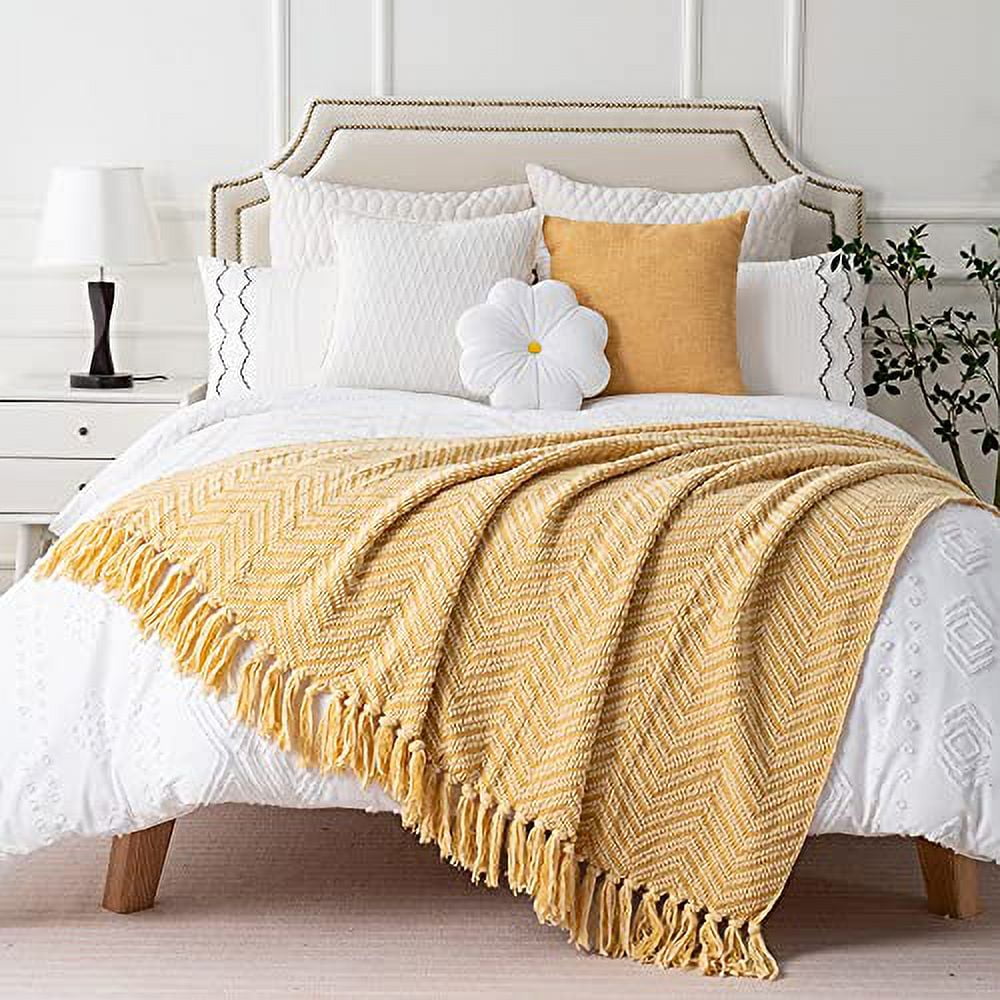 BATTILO HOME gold Throw Blanket for couch Knit Woven Blanket Versatile for chair 50 x 60 Inch Super Soft Warm Decorative Pale Yellow Throw with Tassels for Bed Sofa and Living