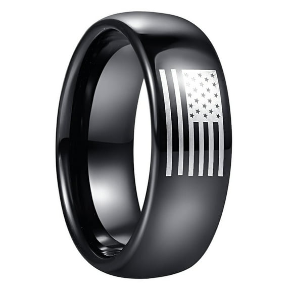 Black American Flag Tungsten Wedding Domed Polished Finish Ring for Men