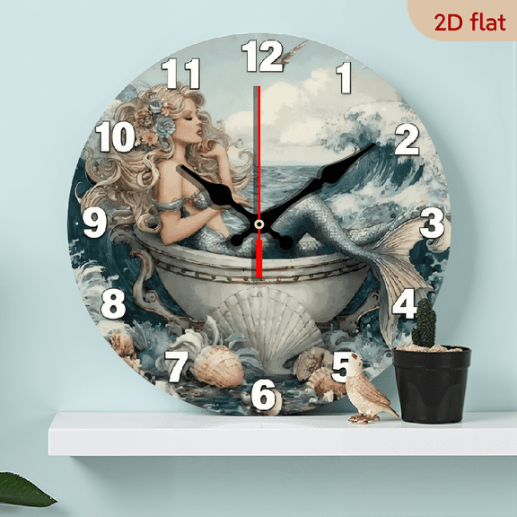 A 10-inch 2D flat "Beautiful Mermaid" theme wooden silent wall clock. It is an excellent choice for Halloween/Easter/Christmas gifts and is suitable for modern home decoration art.