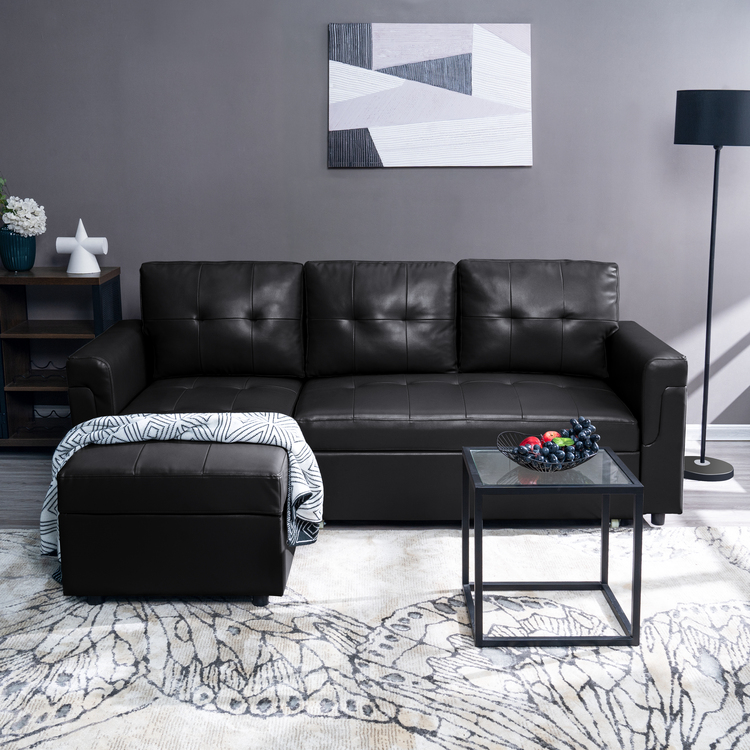 78 in. W Convertible Sleeper Sectional Sofa, L Shaped Couch for Small Space Living Room, Storage Chaise, L Shaped Pull Out Sofa - Black,Air Leather