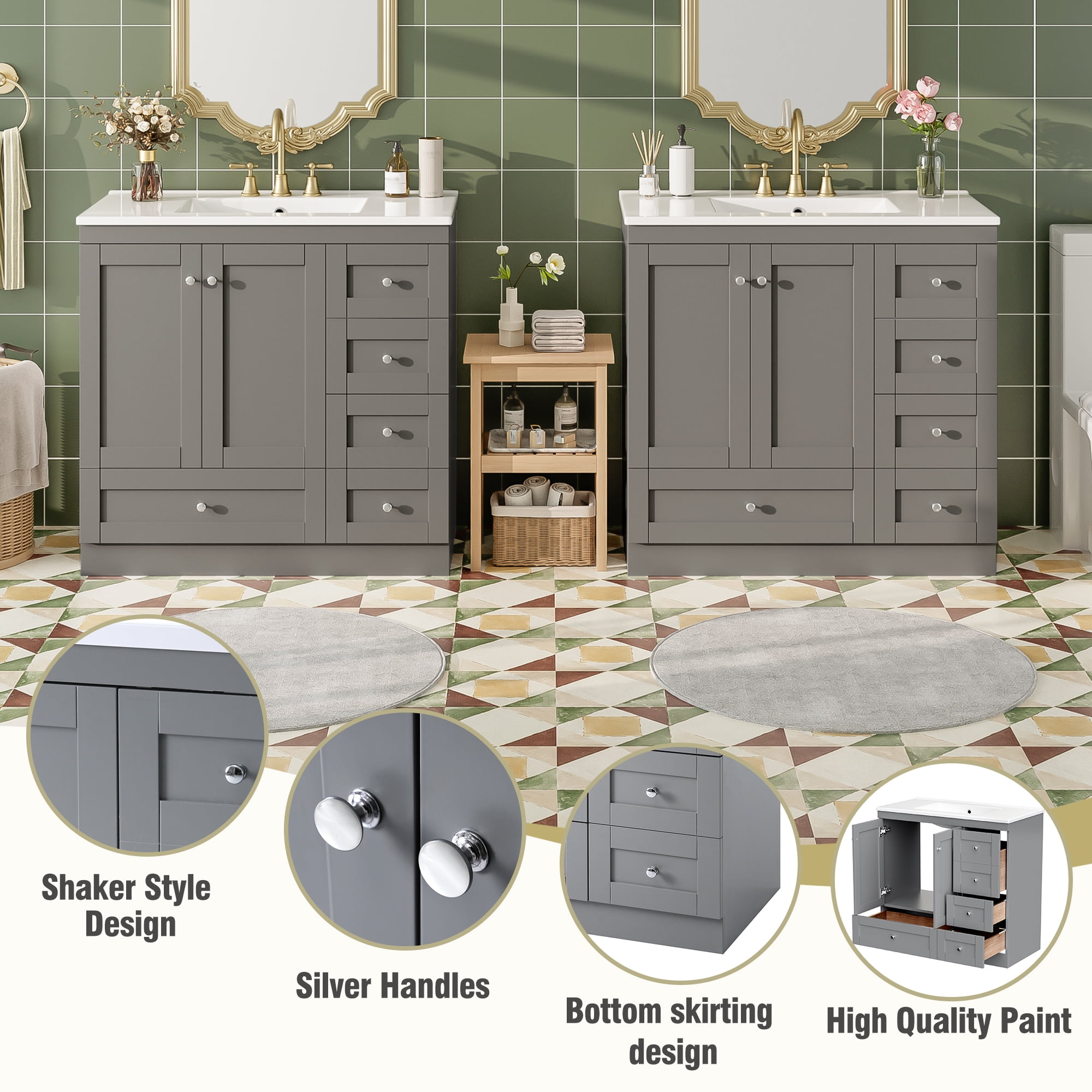Euroco 72 inch Shaker Style Free-Standing Bathroom Vanity Cabinet with Ceramic Sink, Soft-close Drawers and Soft-close doors
