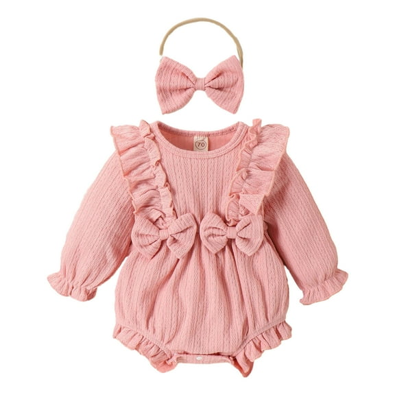 AJTQTH Rompers for Baby Girls Summer Cotton Cable Knit Ruffled Crewneck Long-Sleeved Jumpsuit Toddler Solid Color Playsuit with Bowknot Headband Pink 12 Months