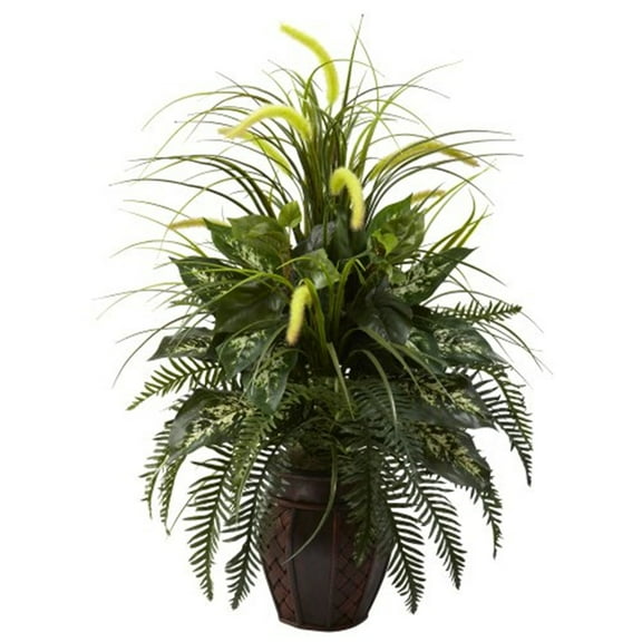 Nearly Natural Plastic 36" Mixed Greens & Cattails Artificial Plant with Planter, Green