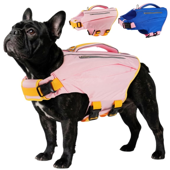 Kuoser Dog Life Jacket, High Flotation Dog Life Vest with Rescue Handle for Swimming Boating, Reflective Pet Safety Life Preserver for Small Medium Large Dogs, Pink, L