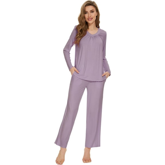 WiWi Womens Pajamas Set Sleepwear Loungewear Long Sleeve Pajama Sets Soft Pjs with Pockets Viscose from Bamboo S-XXL, Violet, Small