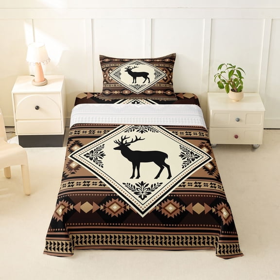 Manfei Classic Deer Grid Twin Sheets,Brown Check Pine Bedding,3-Piece,1 Fitted Sheet and 1 Pillowcase