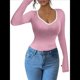 thumbnail image 1 of Camisetas Ajustadas con Cuello en Forma de Corazón para Mujer, Tops de Punto Acanalado con Mangas Largas Acampanadas Rosa L, 1 of 7