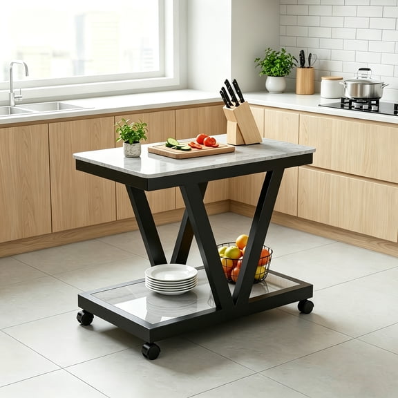 Mobile Kitchen Storage Cart, 2-Tier Sintered Stone Top Serving Trolley, Multi-functional Cart for Kitchen Prep, Storage & Serving with Casters, Versatile as Kitchen Side Table, Coffee Table
