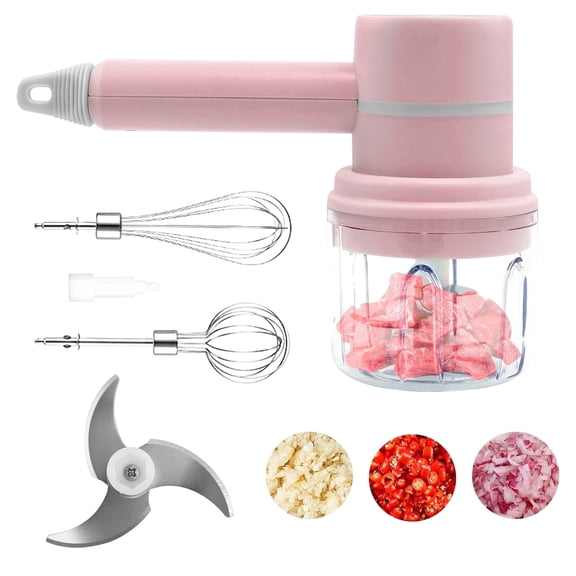 Xylobyte 2-in-1 Electric Hand Mixer, Electric Whisk, Mini Onion Chopper 10Oz, Small Cordless Hand Blender, 3 Speed Rechargeable Food Processor for Baby Food Maker, Pink
