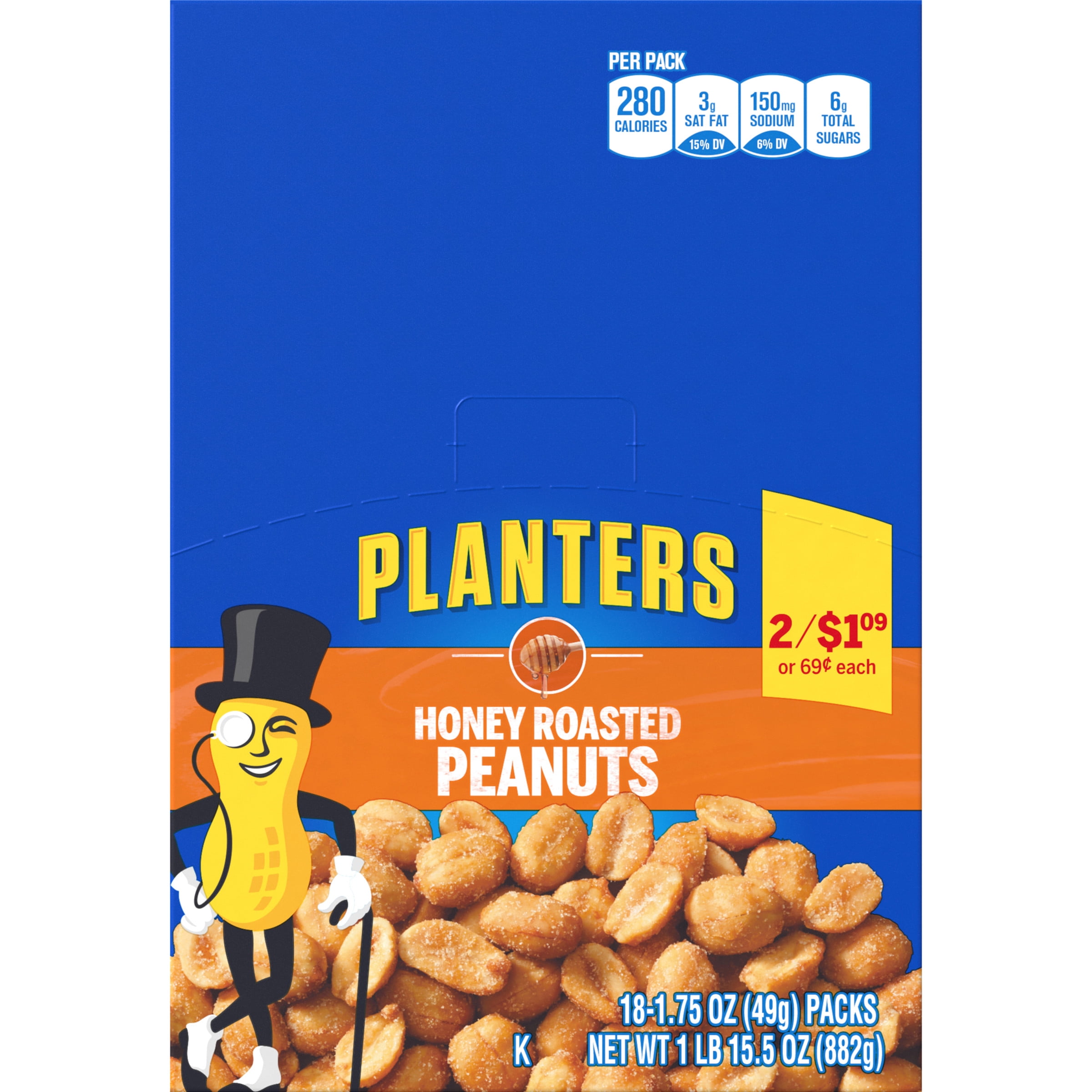 (2 pack) Planters Honey Roasted Peanuts, 18 ct - 1.75 oz Bags