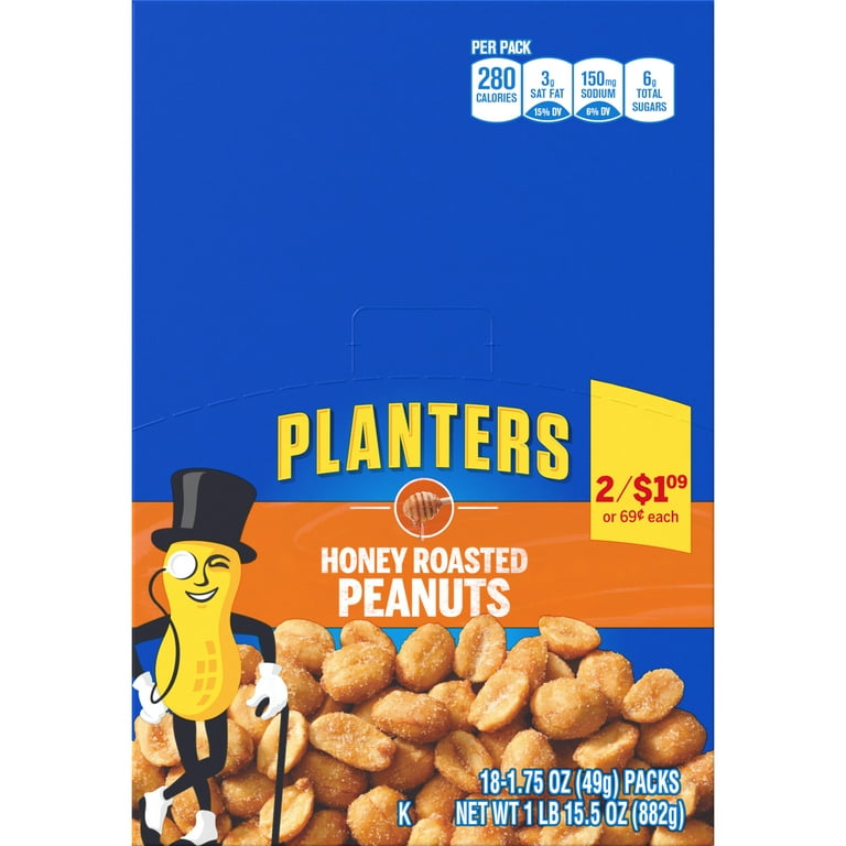 ピーナッツ Planters Honey Roasted Individual Nuts, Sweet Snack Packages, 18ct