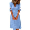 thumbnail image 2 of Fesfesfes Spring Dresses for Women V-neck Solid Color Short Sleeve Boho Dress Loose Long Cardigan Buttoned Beach Dress, 2 of 9