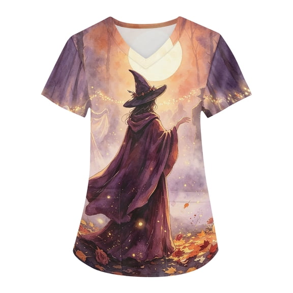 Scrub Tops for Women Halloween V Neck Funny Halloween Ghost Pumpkin Printed Spooky Scrub Shirts Horror Short Sleeve Scrubs Medical Nurse Workwear Nursing Uniform with Pockets,L