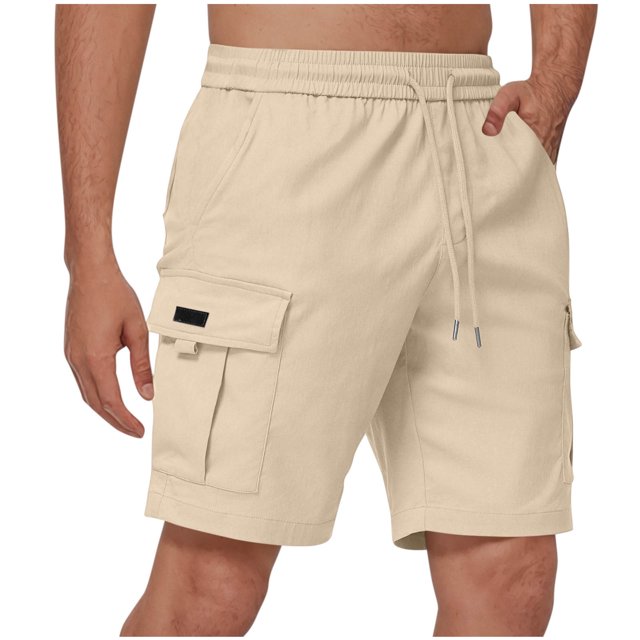 Pantalones Cortos de Carga de Cintura Elástica para Hombres Casual Sólido Longitud de Rodilla Bolsillo de Carga Pantalones Rectos, Mezcla de Algodón