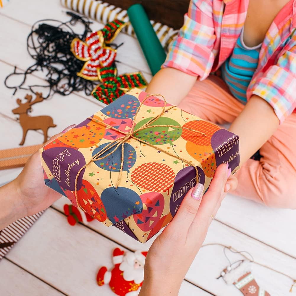 Birthday Kraft Wrapping Paper Vintage Style Paper Perfect for Men Women Brown Kraft Paper with Colorful Text Pattern for Birthday Holiday Wrap - 4 Rolls 17 inch X 120 inch (10feet) Per Roll