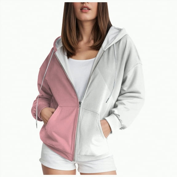 Hessimy Women'S Lightweight Hoodies Full Zip Up Oversized Sweatshirts With Pockets Long Sleeve Casual Hooded Jackets Essentials Hoodie Cropped Hoodie Y2k (Pink,M)