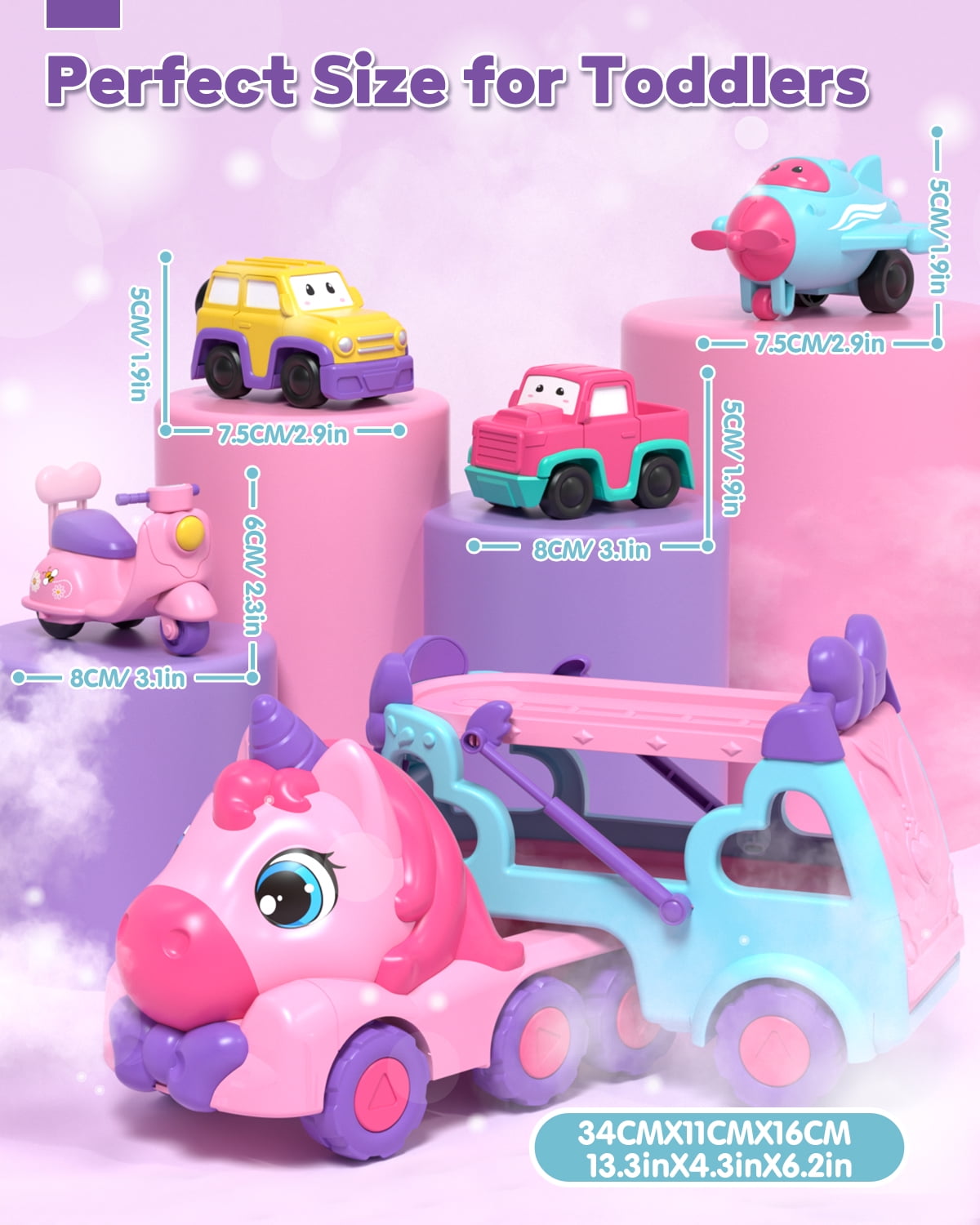 Toddler Girl Toys, 5-in-1 Toy Cars for Girls with Lights & Music, 2 Year Old Girl Toys, Unicorn Toys, Car Carrier Truck Toy, Toys for 1 2 3 Year Old Girls