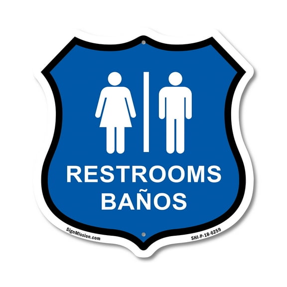 Restrooms Baños Bilingual English / Spanish 12 inch X 12 inch Shield-Shaped Rust-Free Aluminum Metal Sign Weather Resistant Made in the USA