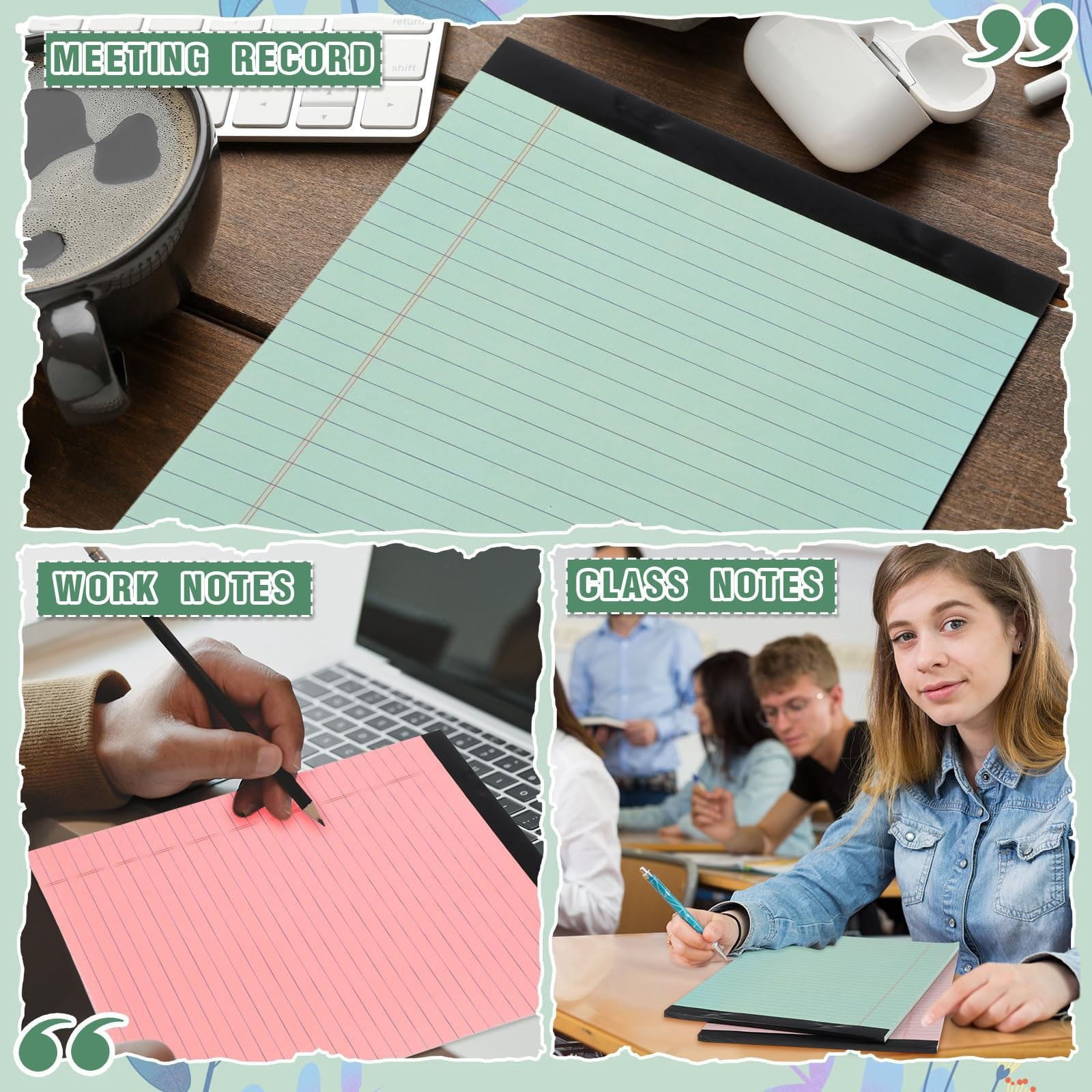 FXMLRLK 5 Pack 8.42x11.65 Inch Legal Pads, Note Pads Memo Pad for Work Study Daily Note Taking List, Lined Writing Pads Memo Refills Notepads for Office Home, 50 Sheet/Pad, Green