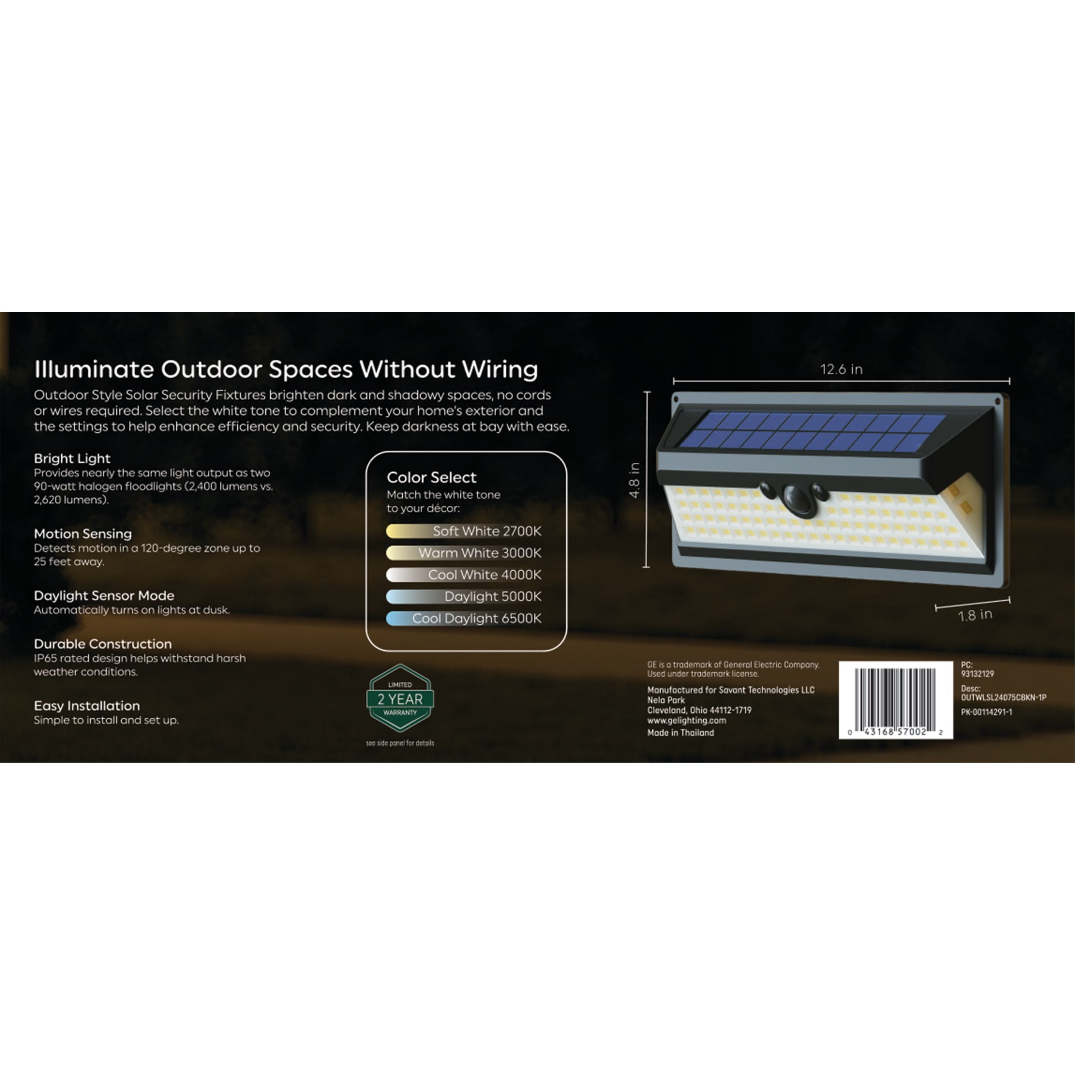 GE Outdoor Security LED Wall Light with Motion & Dusk to Dawn Sensor, Solar Light, 2400 Lumens