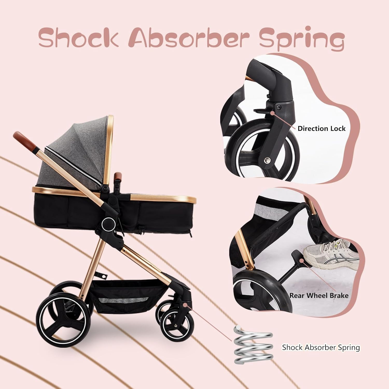TROPOW Stroller for Newborn, Convertible Baby Pram with Reversible Seat and One-Hand Fold, High Landscape Toddler Infant Pushchair with Storage Basket, Adjustable Footrest & Canopy,Gray