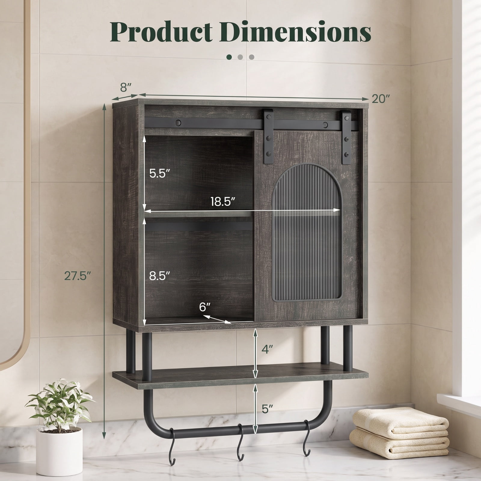 Vebreda Bathroom Wall Cabinet with Sliding Barn Door and Metal Hanging Bar with 3 Hooks, Stylish Farmhouse/Industrial Charm, Secure Wall Mounting