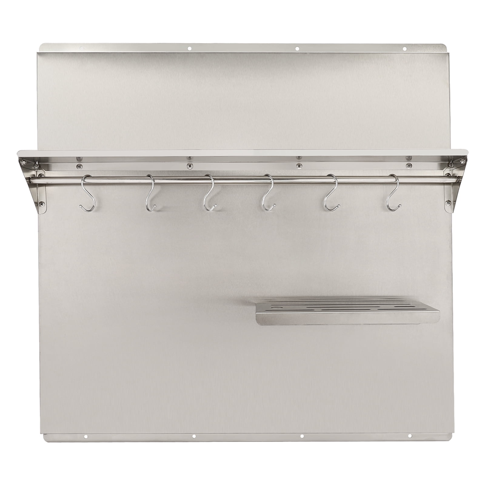 Range Hood Backsplash with Shelf, 201 Stainless Steel Construction, Includes 6 Hooks and Cutting Board Holder, Easy to Clean and Install