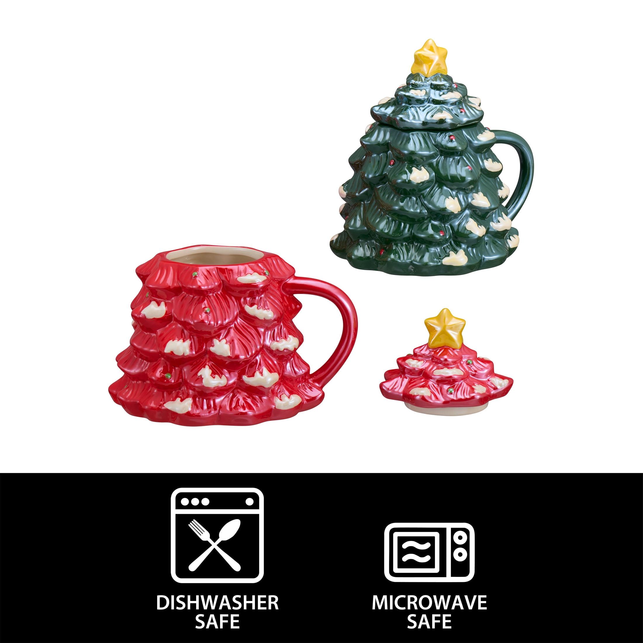 Holiday Time 14-oz Holiday Tree Glazed Stoneware Ceramic Mug with Lid, 2 Pack, Multicolor