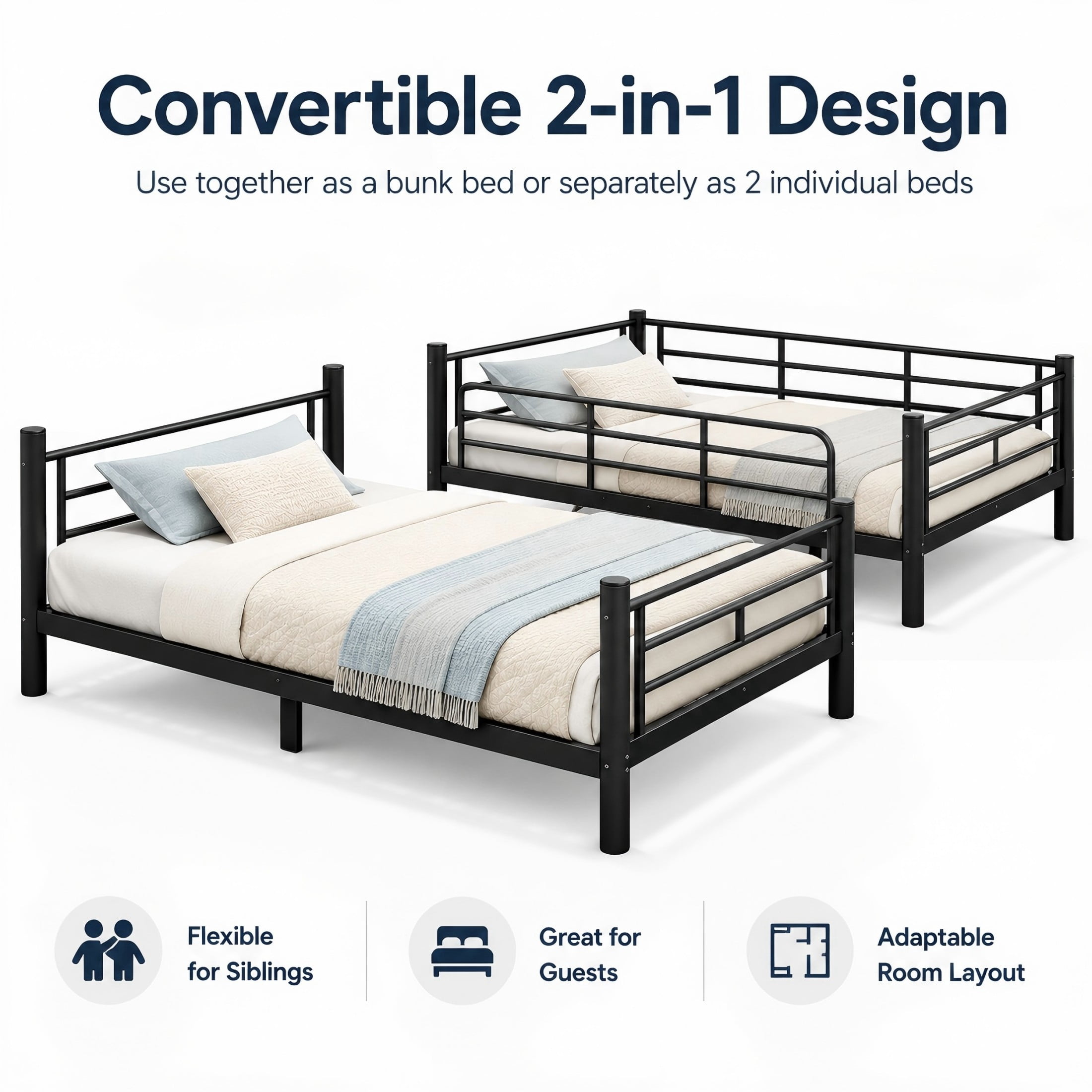 Aukfa Full over Full Metal Bunk Bed, Converts into Two Full Beds, Round Tube Construction & No Box Spring Needed, Black