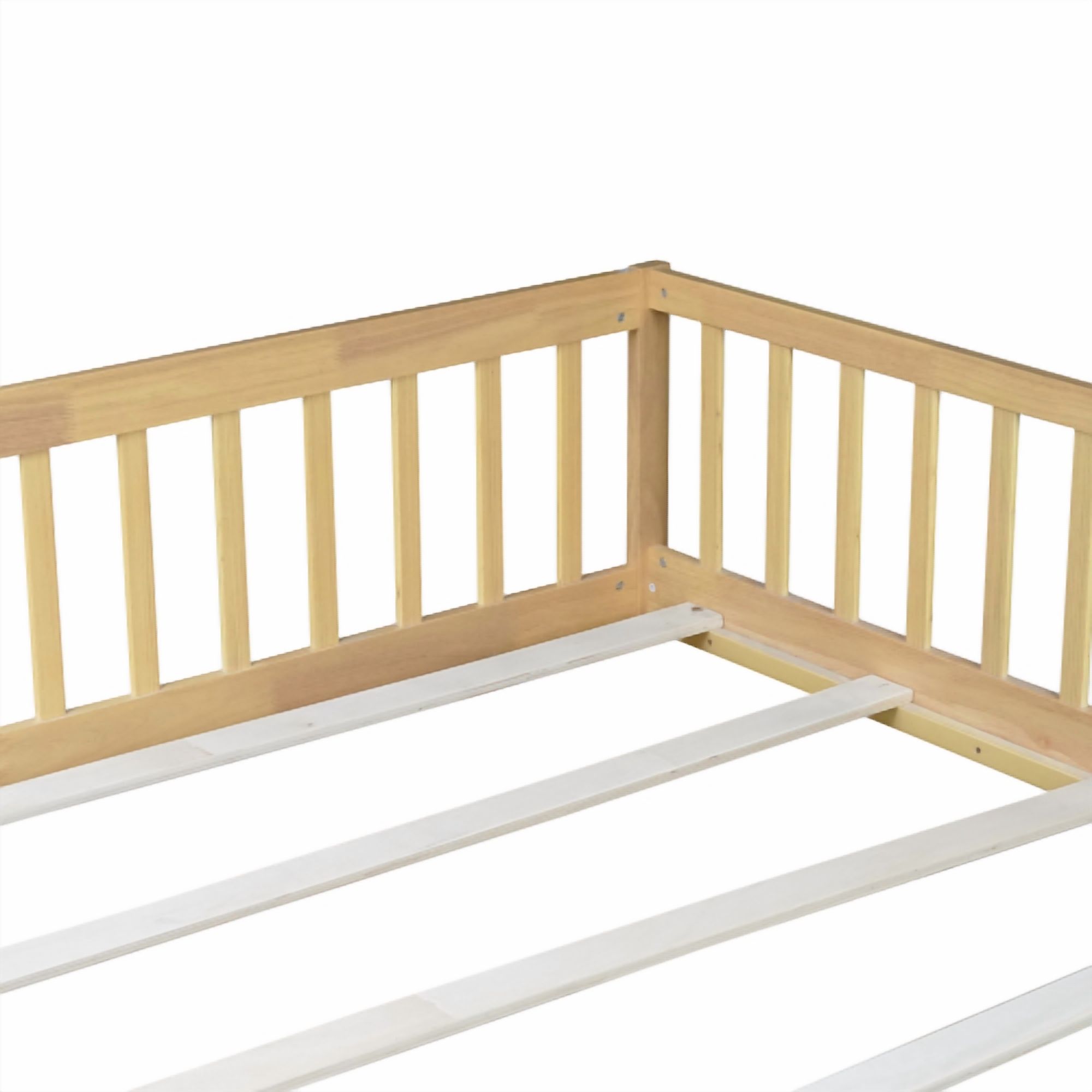 HOCOMILA Queen Size Floor Bed with Fence, Montessori Floor Bed with Slats and Safety Guardrails, Wood Queen Floor Bed, Natural