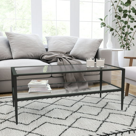 Merrick Lane Remington Glass Coffee Table with Tempered Glass Shelves and Rectangular Black Metal Frame