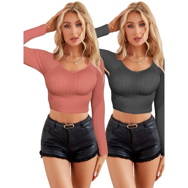 Set De Dos Blusas Crop Top De Manga Larga Para Mujer Moda UNITALLA