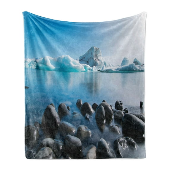 Ice Berg Soft Flannel Fleece Blanket, Arctic Environment Floating Glacier Oceanic Outdoor Scene Winter Season, Cozy Plush for Indoor and Outdoor Use, 50" x 60", Azure Blue Multicolor, by Ambesonne