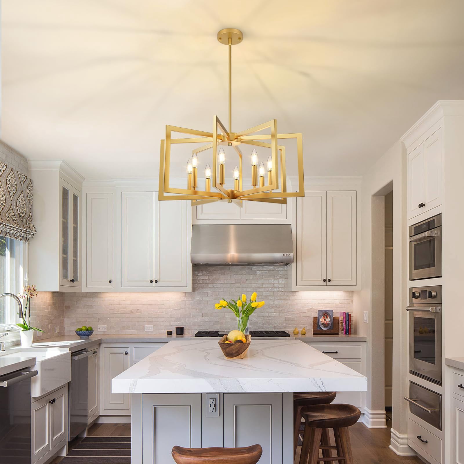 Nordic Hygge 8-Light Farmhouse Dining Room Modern Chandelier, Gold