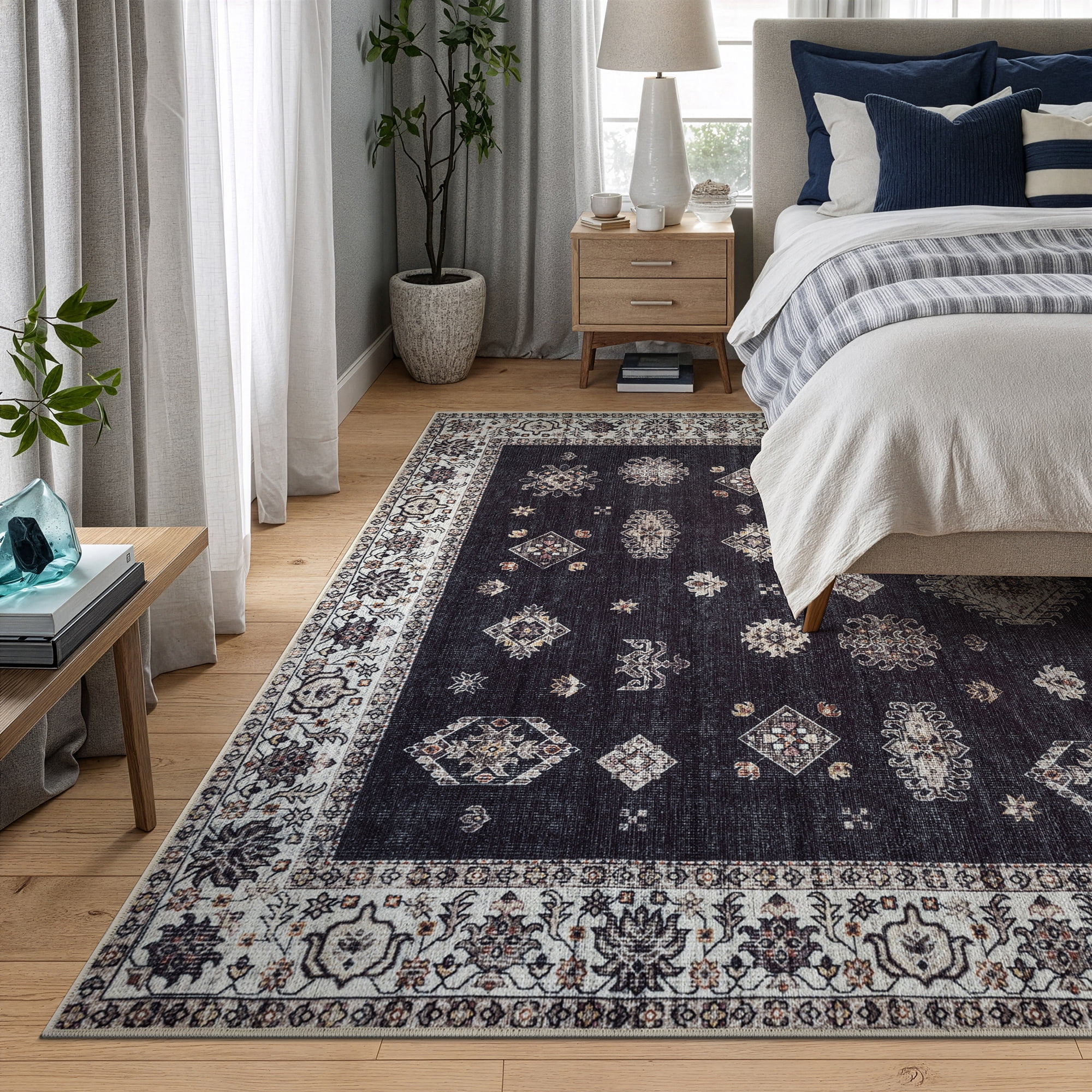 Bloom Rugs Washable Non-Slip 8' x 10' Rug - Black / Ivory Traditional Oriental Area Rug for Living Room, Bedroom, Dining Room, and Kitchen - Exact size: 8' x 10'