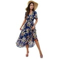 thumbnail image 3 of Women'S Summer Wrap Maxi Dress Floral V Neck Short Sleeve Wedding Guest Party Casual Dress Navy Blue M, 3 of 9