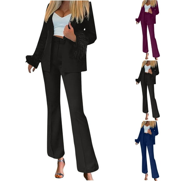 FRSASU Womens Blazer Set High End Elegant Commuting Long Sleeved Cuff Feather Trim Lapel Blazer Long Pant Suit Set Hot Pink