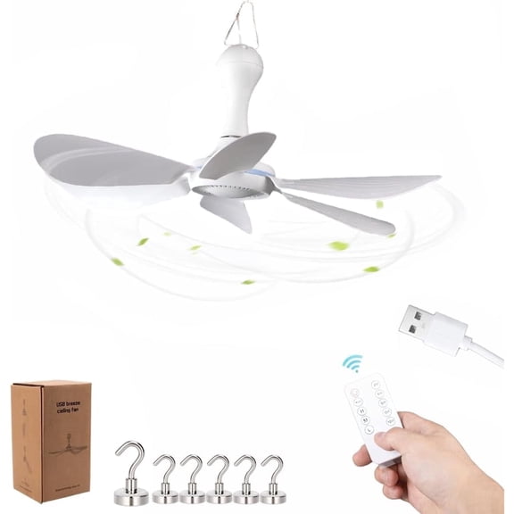 Portable Ceiling Fan with Remote, USB Powered Hanging Fan with Magnetic Hook for Camping RV Tent Travel, Collapsible Quiet Low Noise (16.5in)