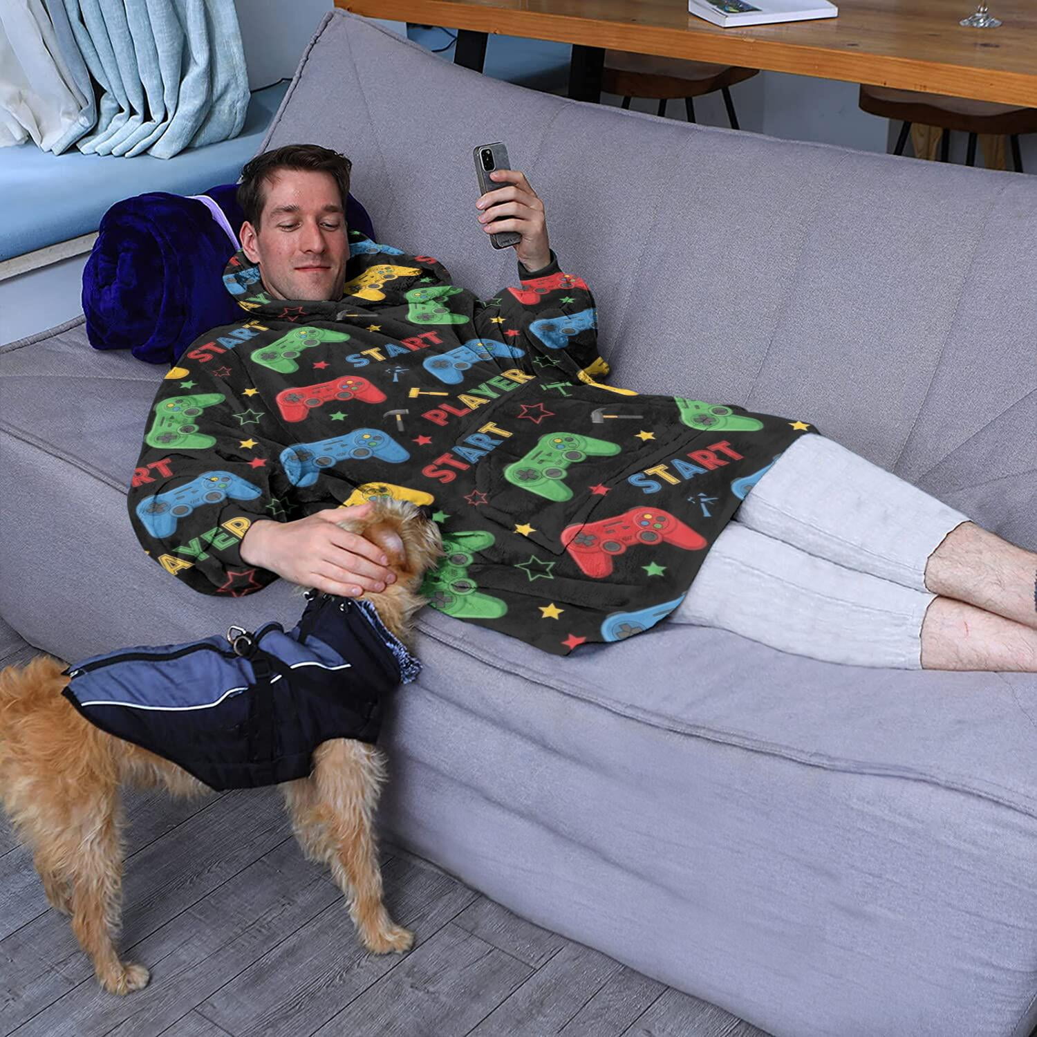 Wearable Oversized Blanket,Multicolor Controllers Games Text Black Pattern Wearable Blanket Hoodie for Adults,Cozy Hooded Blankets with Super Pockets,Super Warm Fuzzy Pullover for Women & Men
