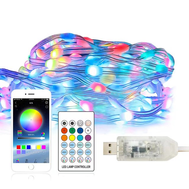 Luces de cadena de cuero de colores RGB con aplicación Bluetooth, decoración navideña para exteriores, control de puntos, luces de colores para ambiente de acampada