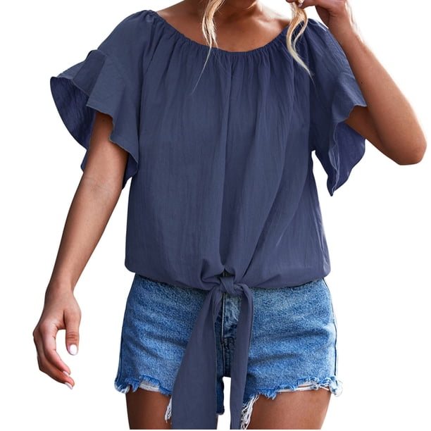 Blusa de cuello redondo con volantes a la moda para mujer, camisetas holgadas de manga corta de Color sólido con cordones, camiseta clásica de verano Pompotops hkajfhjk465603