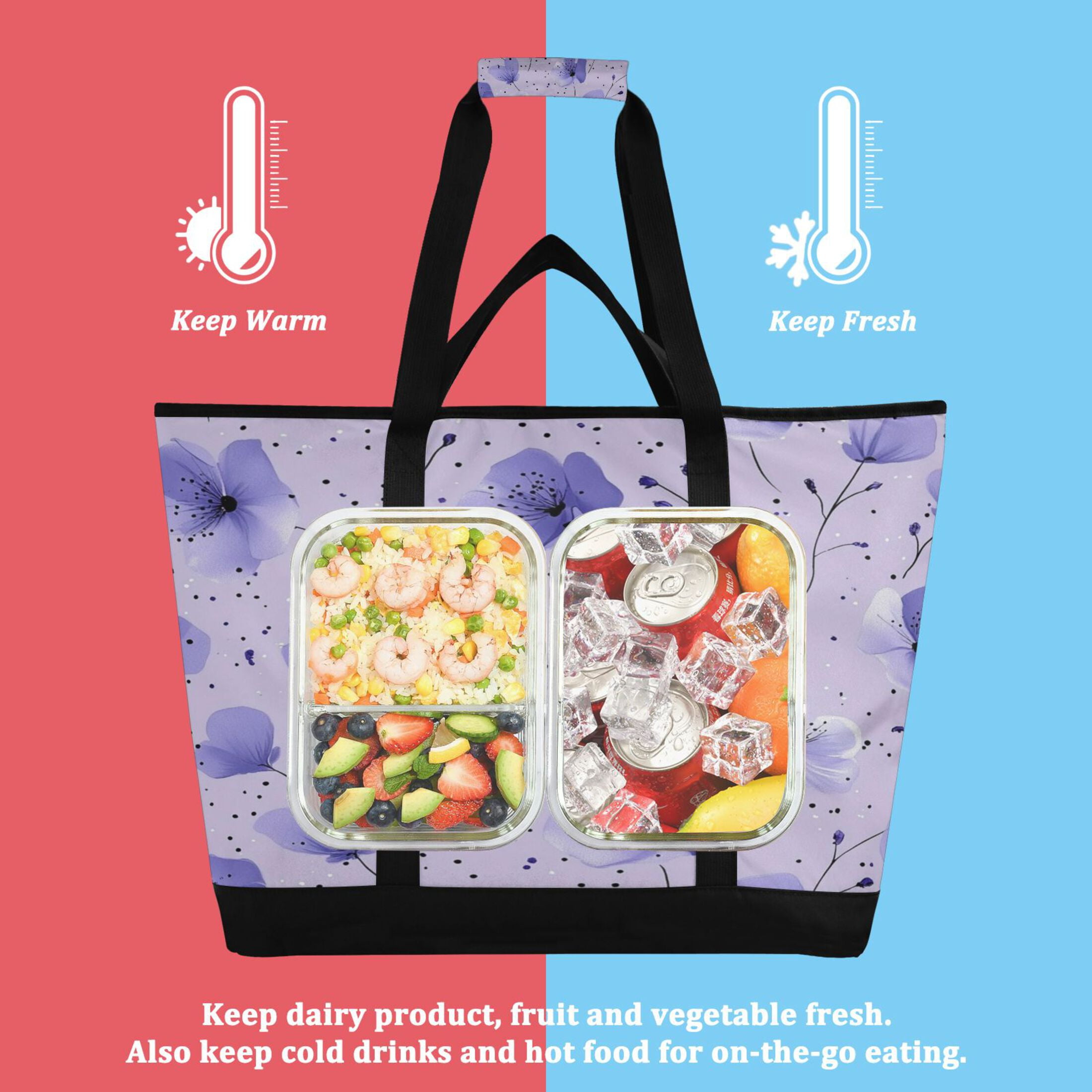 Large Hand-held Ice Pack Picnic Bag Insulation and Refrigeration Suitable for Shopping Picnics and Camping Colorful Blue Flower