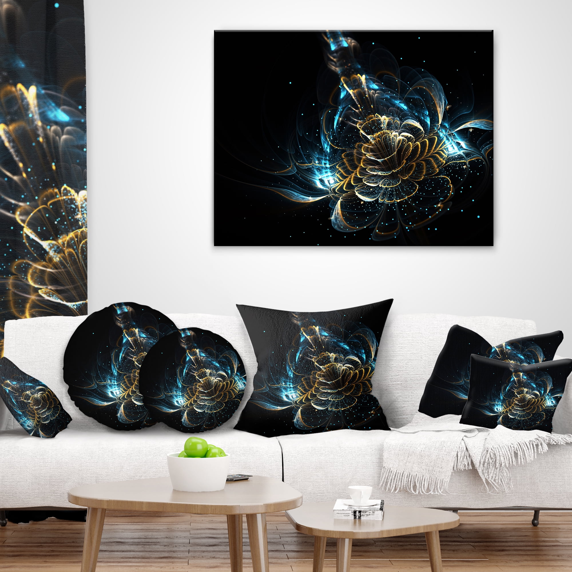 Designart Green and Yellow Shiny Fractal Flower - Floral Throw Pillow - 18x18