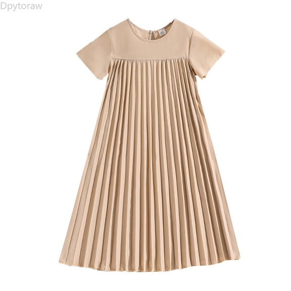 Dpytoraw Children's Fashion Round Neck Short Sleeve A Line Pleated Long Dress Girls Lightweight Dresses,White Size 8 Y