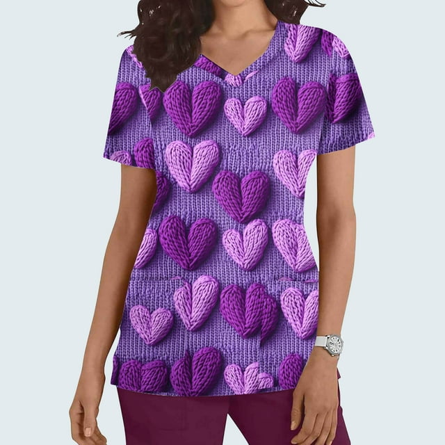 Soki Tuniques d'Infirmière pour Femmes Décontractées à Col en V, Imprimé Graphique de la Saint-Valentin, Manches Courtes, avec Poche