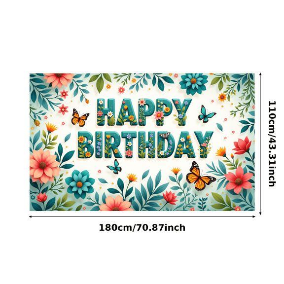 Colorful Theme Birthday Banner Floral Design Decorative Butterfly Birthday Celebration Event Decoration for Birthday Party Indoor Decoration Photo Shoot