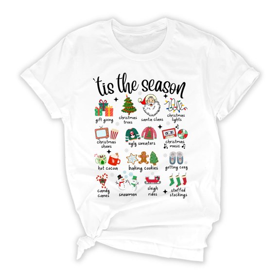 Tis The Season Christmas Shirt for Women, Men, Kids – Festive Holiday Graphic Tee with Santa, Xmas Icons