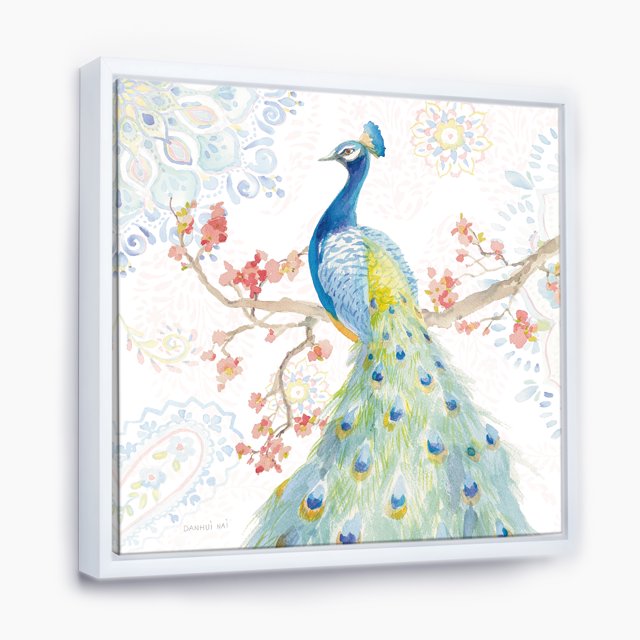 peacocks Watercolor II - Traditional Framed Canvas