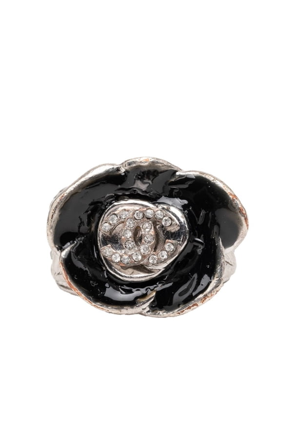 Pre-Owned Chanel Camellia Coco Mark Flower Ring, Silver Black Metal Enamel Rhinestone, Women's...